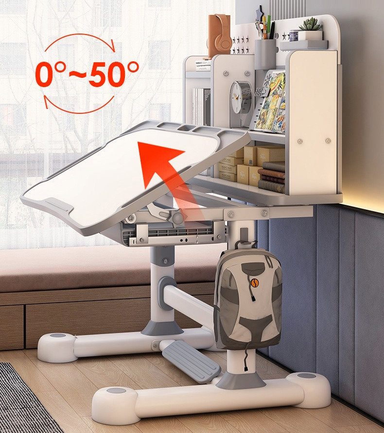 Light Gray Adjustable Kids Study Desk and Chair Set with Bookshelf image 1