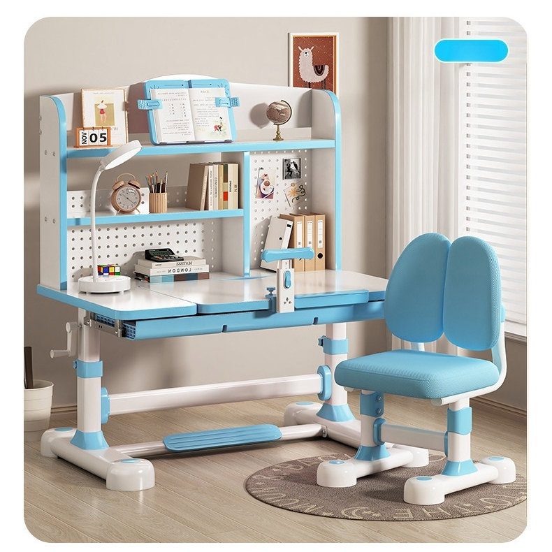 Light Blue Hand-Crank Adjustable Kids Study Desk and Chair Set with Bookshelf image 2