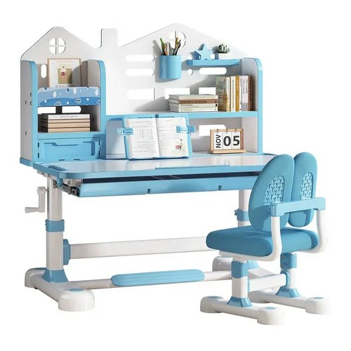 Blue Hand-Crank Adjustable Study Desk and Chair Set with Bookshelf image 0