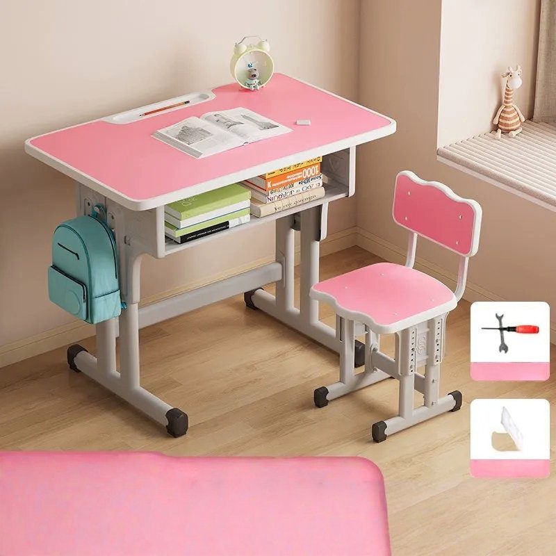 Pink School-Style Kids Study Desk and Chair Set image 1