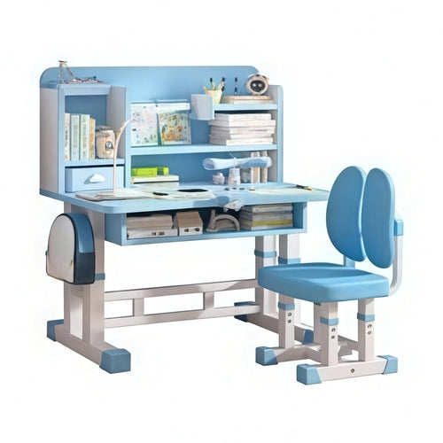 Blue Adjustable Kids Study Desk and Chair Set with Bookshelf and Posture Support image 0