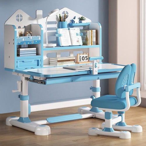 Blue Hand-Crank Adjustable Study Desk and Chair Set with Bookshelf image 1