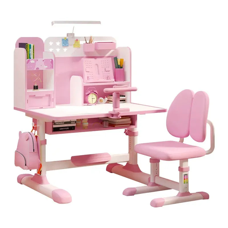 Pink Adjustable Kids Study Desk and Chair Set with Bookshelf image 0
