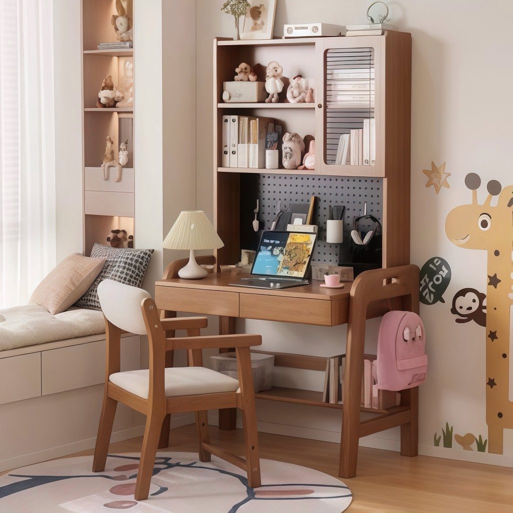 Solid Wood Adjustable Kids Study Desk with Bookshelf image 1