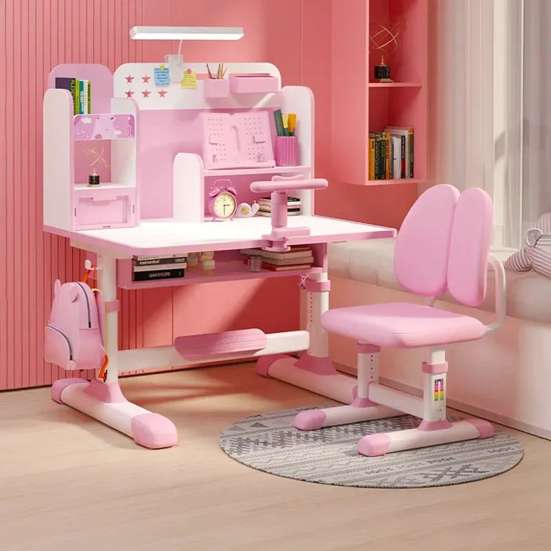 Pink Adjustable Kids Study Desk and Chair Set with Bookshelf image 1