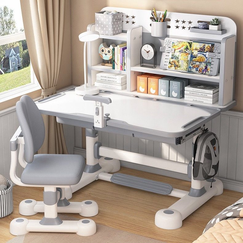 Light Gray Adjustable Kids Study Desk and Chair Set with Bookshelf image 2