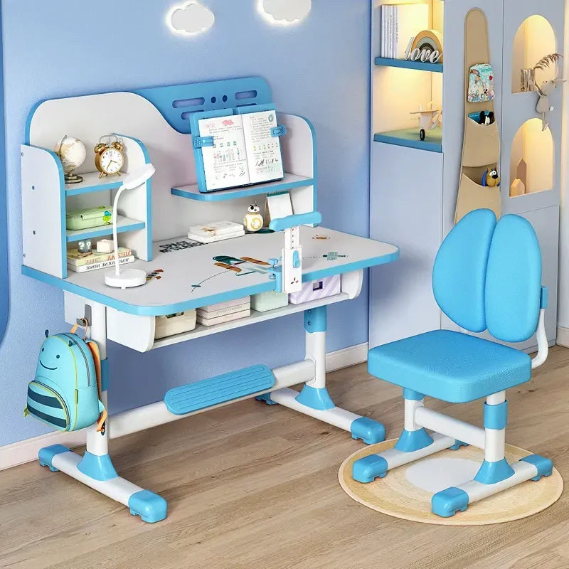 Blue Adjustable Study Desk and Chair Set with Bookshelf image 1