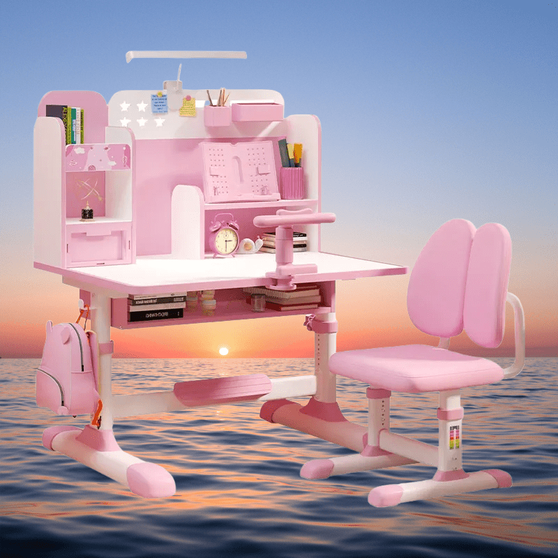 Pink Adjustable Kids Study Desk and Chair Set with Bookshelf image 2