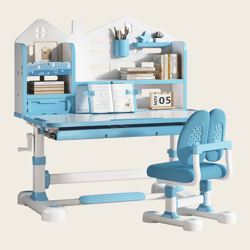 Blue Hand-Crank Adjustable Study Desk and Chair Set with Bookshelf image 2