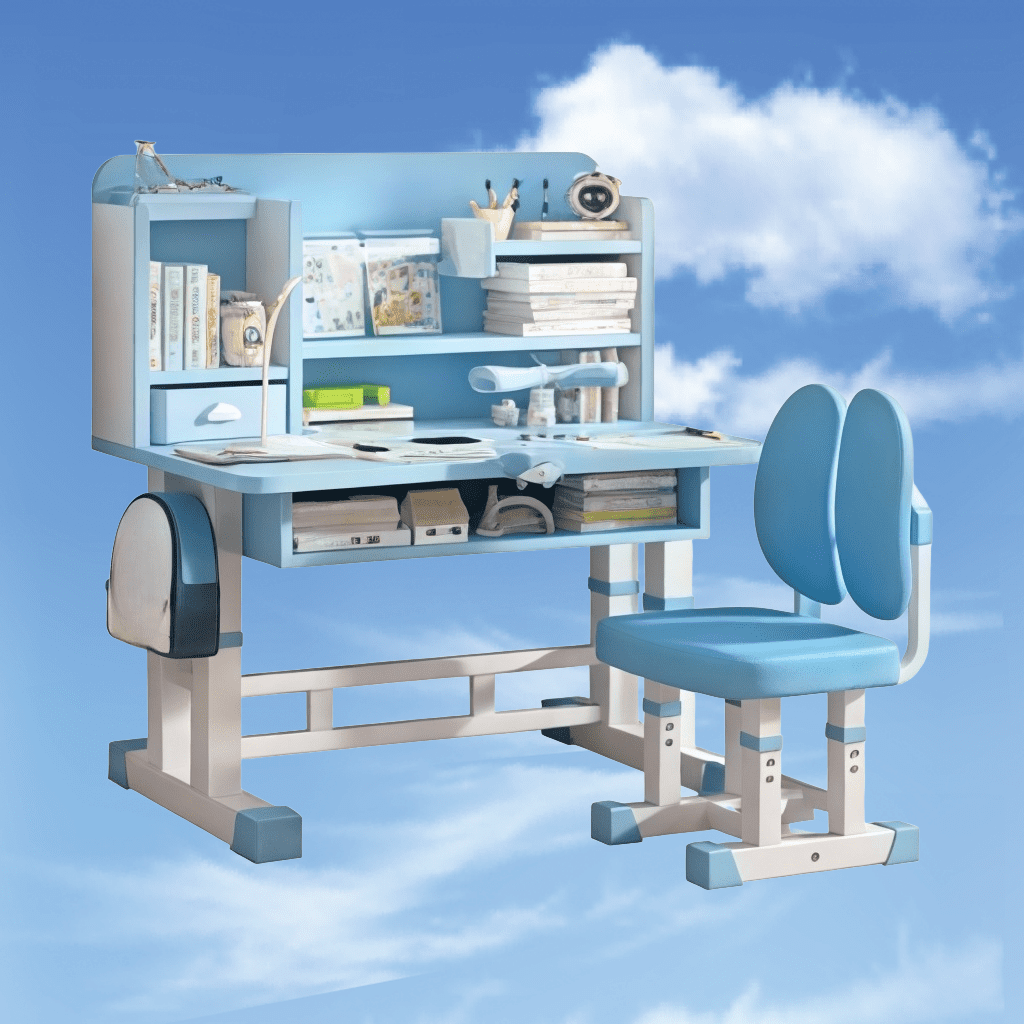 Blue Adjustable Kids Study Desk and Chair Set with Bookshelf and Posture Support image 1