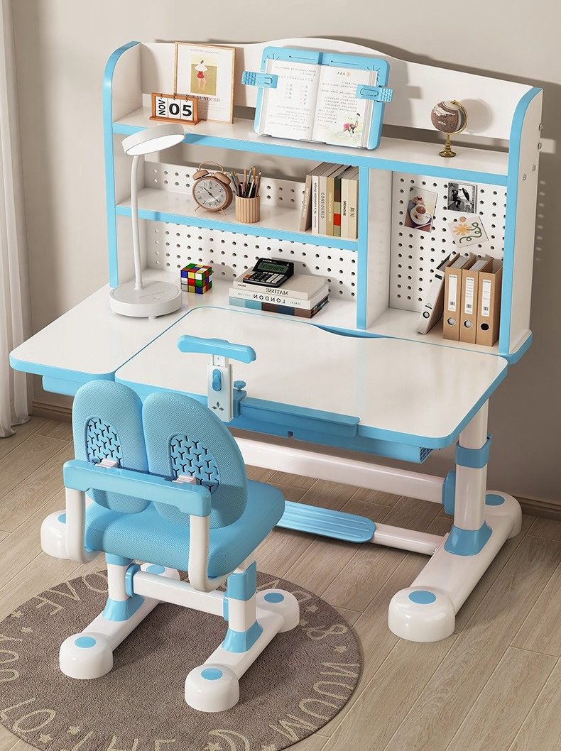 Light Blue Hand-Crank Adjustable Kids Study Desk and Chair Set with Bookshelf image 1