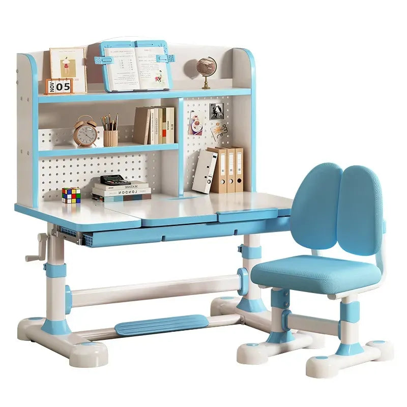Light Blue Hand-Crank Adjustable Kids Study Desk and Chair Set with Bookshelf image 0