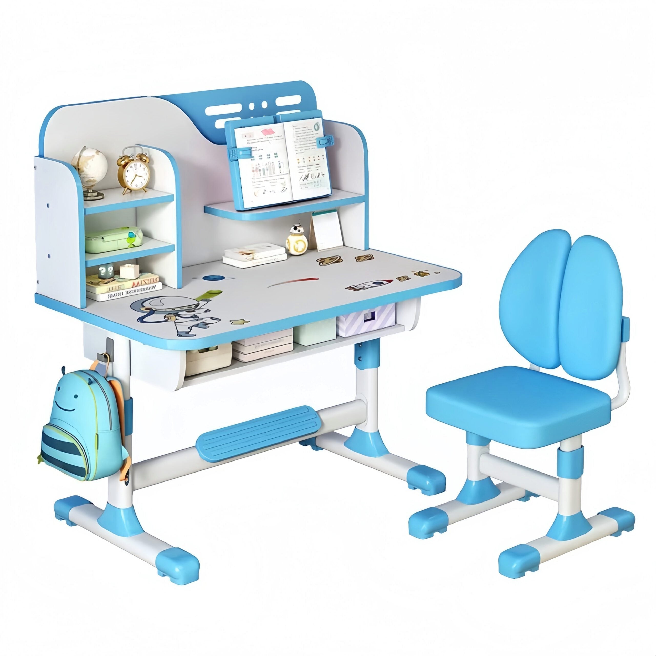 Blue Adjustable Study Desk and Chair Set with Bookshelf image 0
