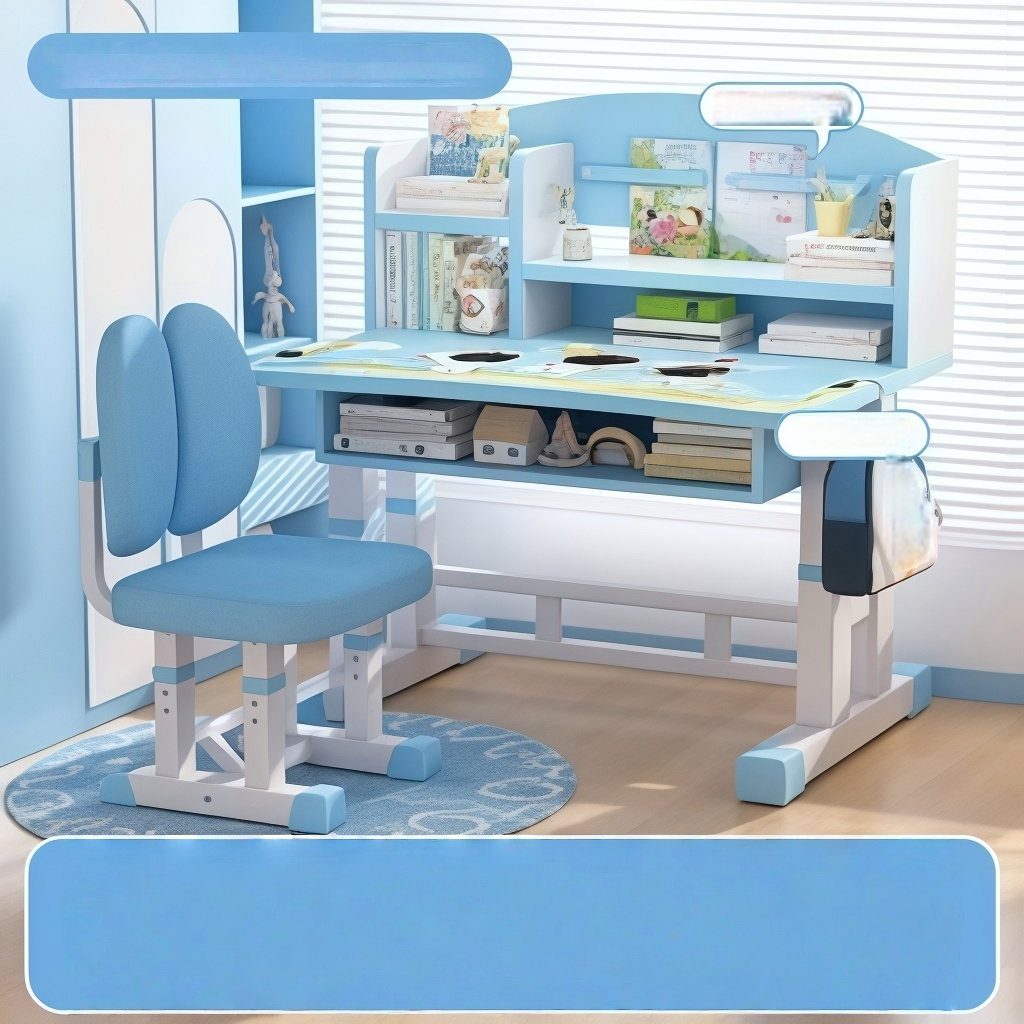 Blue Adjustable Kids Study Desk and Chair Set with Bookshelf and Posture Support image 2