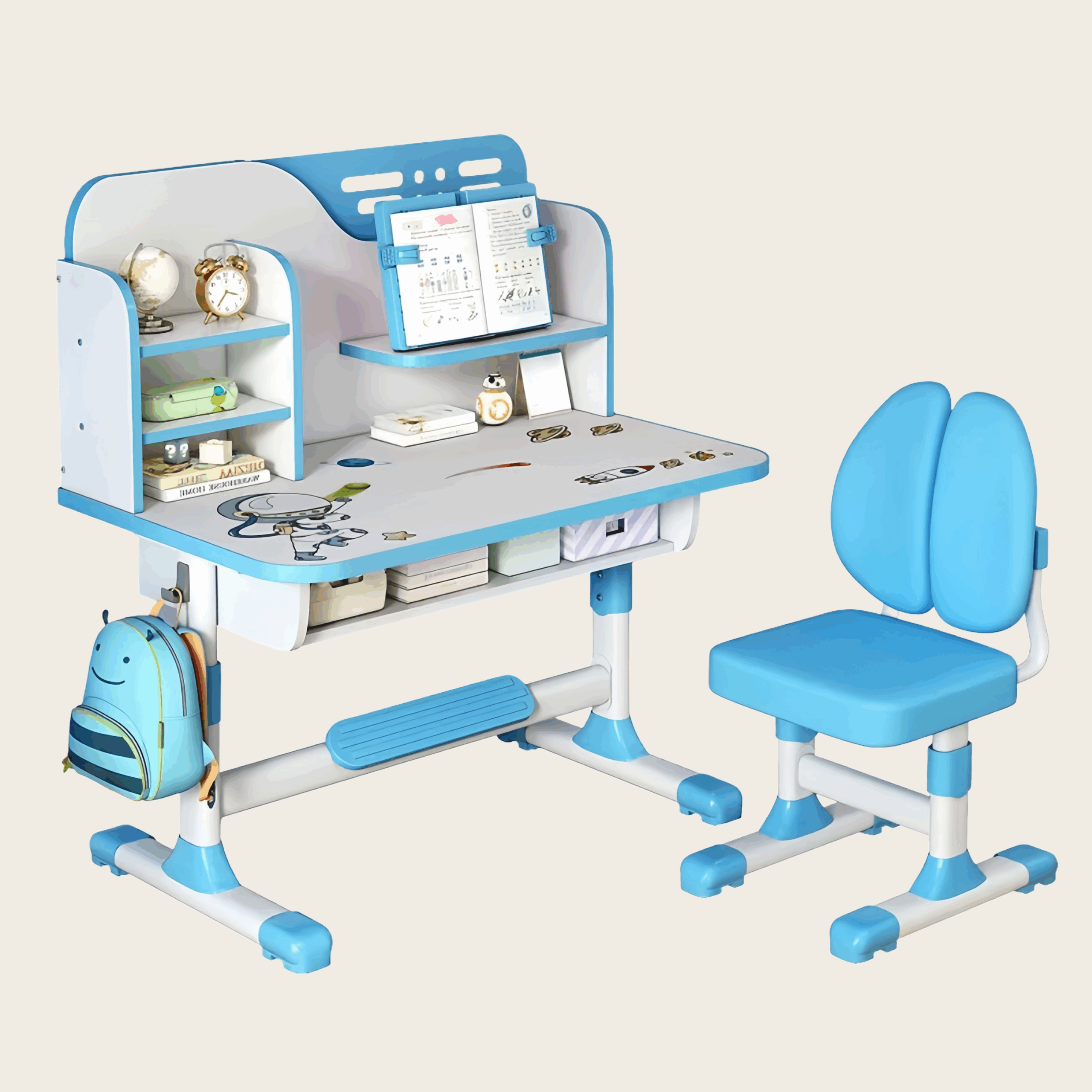 Blue Adjustable Study Desk and Chair Set with Bookshelf image 2